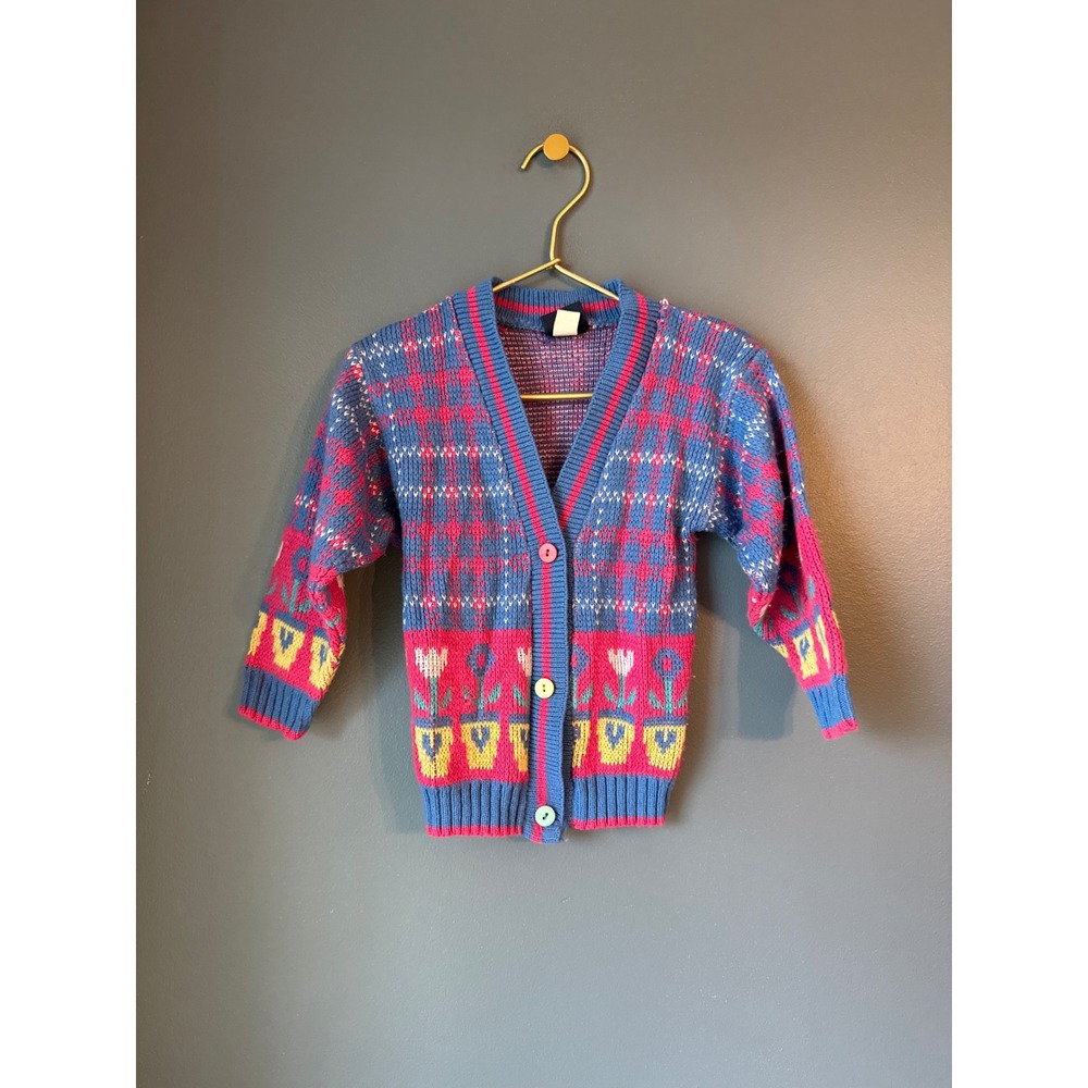 Vintage Honors Blue Pink Plaid‎ Tulip Button Cardigan Sweater Made in USA